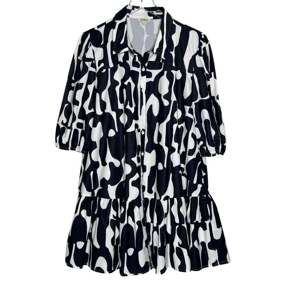 Umgee It's All Good Black Abstract Dress M Black White Button Front Ruffle *flaw